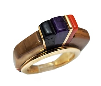 Sonwai Corn Row Hopi Mastodon Lapis Coral Inlay 14k Gold Ring Native American