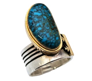 James Little Navajo 14k Gold Sterling Silver Turquoise Ring Native American