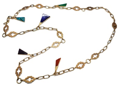 James Little Navajo Charm Lapis Coral Turquoise Fetish 14k Gold Necklace Native American