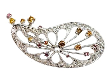 1.80ctw Natural White Pink & Yellow Diamond 18k White Gold Designer Brooch