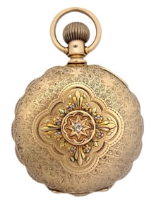 Heavy Diamond 14K Multicolor Gold 1893 Elgin 18s Mens Hunter Lever Set Running Pocket Watch