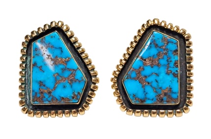 Vintage Bisbee 14K Yellow Gold Asymmetric Natural Turquoise Clip On Native American Earrings