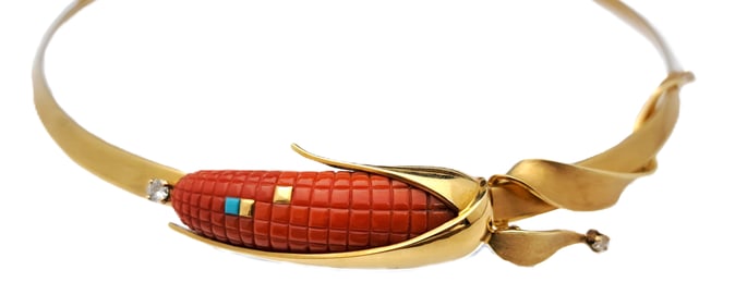 Charles Supplee Stunning Diamond Carved Coral Corn Turquoise Necklace 18k Gold Hopi Native American