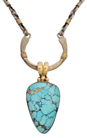 Orville Tsinnie 14K Gold 925 Silver Nat Turquoise Montezuma Statement Necklace Native American