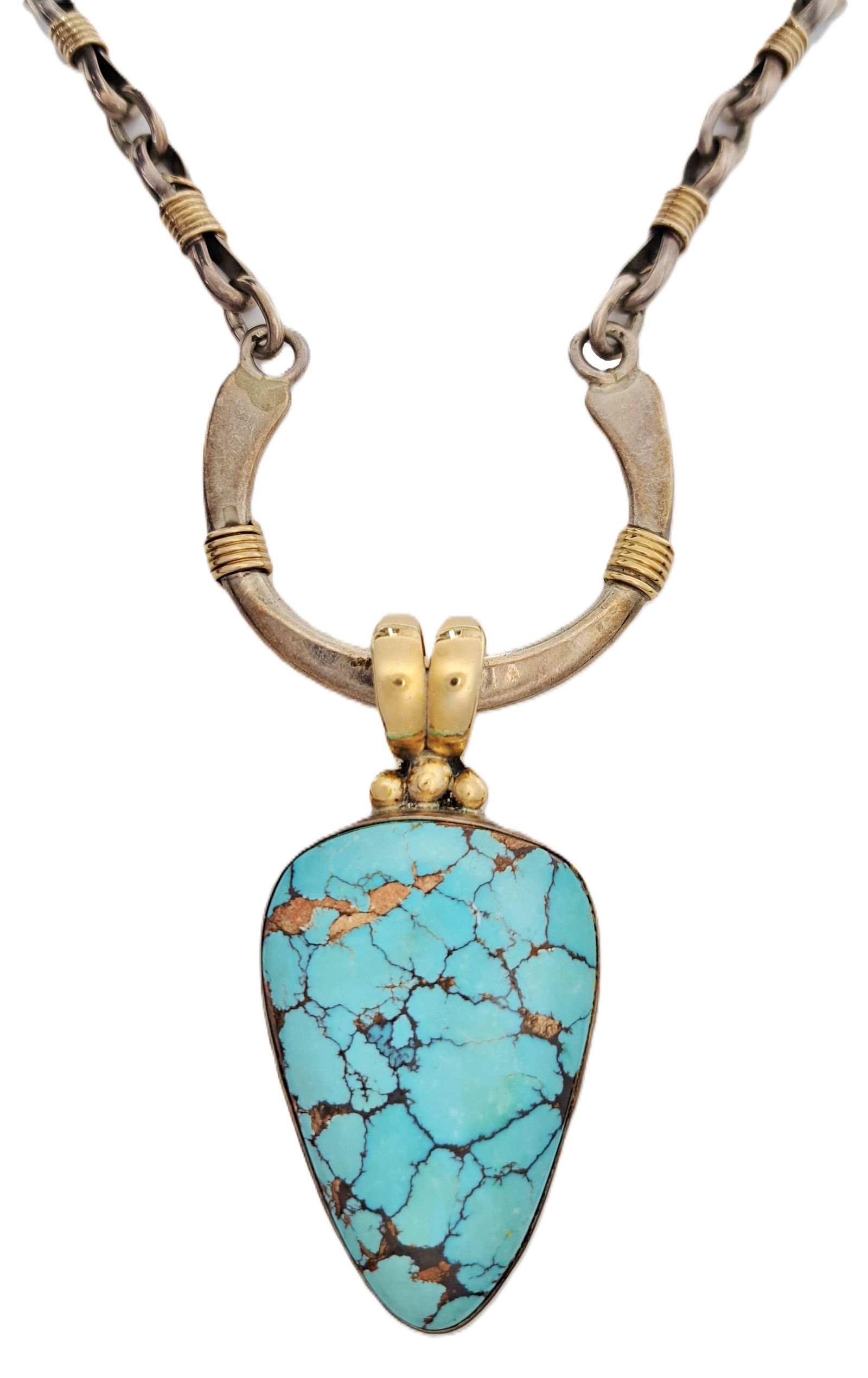 Orville Tsinnie 14K Gold 925 Silver Nat Turquoise Montezuma Statement Necklace Native American (1 of 6)