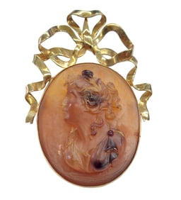 Large Carved Natural Amber 14k Gold Greco Roman Goddess Cameo Vintage Pin Pendant w/ Euro Hallmarks