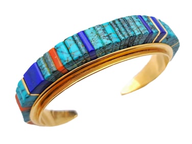 Charles Loloma Cornrow Hopi 14k Gold Turquoise Coral Lapis Lazuli Cuff Bracelet Native American