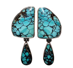 Paul Brackna Signed 925 Silver Nat Turquoise Montezuma Clip On Dangle Drop Native American Earrings