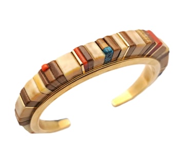 14k Gold Bone Coral Lapis Lazuli Cornrow Charles Loloma Hopi Bracelet Native American