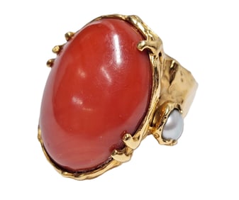 Huge Freeform Larry Golsh 18K Gold Coral Pearl Pala Mission Cherokee Native American Ring