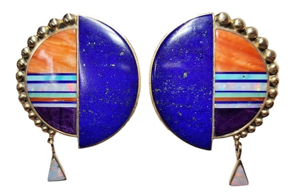Half Moon Jesse Monongya Navajo Hopi 14K Gold Lapis Lazuli Opal Inlay Native American ClipOn Earring