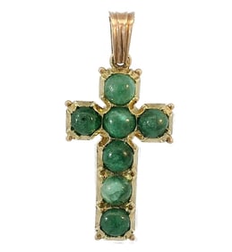 Vintage 2.45ctw Natural Emerald Cabochon 14k Gold Christian Cross Pendant 1930s