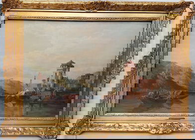 William Clarkson Stanfield Manner 19c Harbor Oil Continental Marine Seascape Painting w Name Plaque