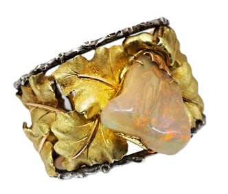 Stunning 18k Rose Yellow Gold Buccellati Leaf Cuff Bangle Bracelet w Huge Opal