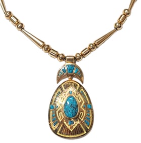 Lee Yazzie Navajo Exquisite Turquoise 14k Yellow Gold Inlaid Lone Mountain Necklace Native American