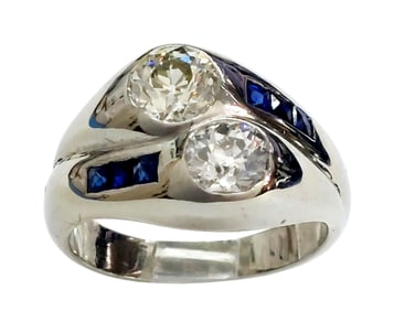 Art Deco Large Old Euro Diamond Natural Sapphire Heavy 18k White Gold 2 Stone Bypass Crossover Ring