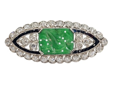 Art Deco 2.25ctw Old Euro Diamond Carved Jadeite Jade Platinum Brooch 1930s