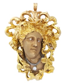 14k Gold Medusa Fine Diamond Cameo Huge Pendant for Necklace