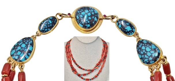 18K & 22K Gold Larry Vasquez Black Spider Turquoise Coral Ruby 3-Strand Necklace Native American