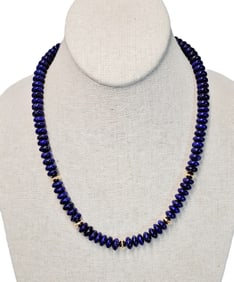 Native American 14K Gold Lapis Terry Joe Reano Santo Domingo Lapis Lazuli Heishi Bead Necklace