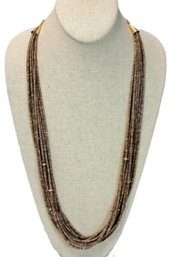 Olive Heishi 14K Gold Bead Mounted Terry Joe Reano Santo Domingo 10-Strand Native American Necklace