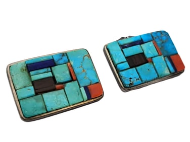 Charles Loloma Hopi Silver Native American Turquoise Lapis Coral Inlay Vintage Cufflinks