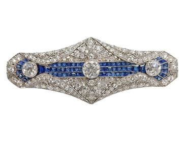 Near Perfect Art Deco 5ctw Diamond Fine Blue Natural Sapphire Large Platinum Brooch