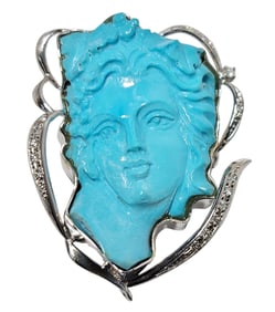 Heavy 18K White Gold Persian Turquoise Carved Cameo Fine Diamond Designer Signed Pendant Brooch