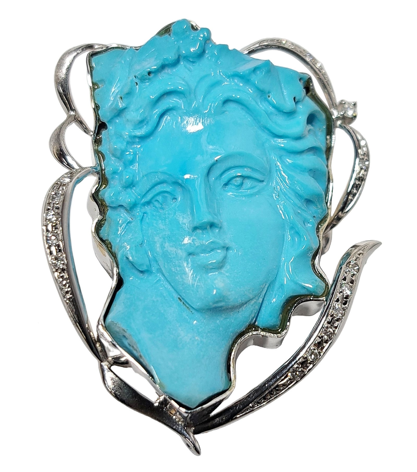 Heavy 18K White Gold Persian Turquoise Carved Cameo Fine Diamond Designer Signed Pendant Brooch (1 of 9)