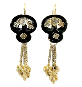 Antique Rose Cut Diamond Black Enamel 14k Gold Unique Lever Back Dangle Earrings
