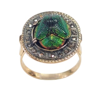 Antique Egyptian Revival Genuine Scarab Beetle Rose Cut Diamond 14k Gold Victorian Era Ring