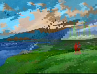 Ed Lane Large 36x48in Oil Painting Figures in Hawaiian Landscape Seascape One of 3 Lots Hawaii Artis