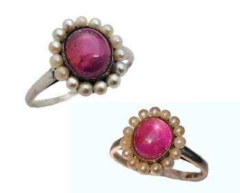 Vintage Star Ruby Mikimoto Cultured Pearl Halo Silver Ring Rare
