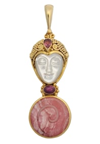 Sajen 18K Gold Goddess MOP Cameo Natural Ruby Tourmaline Gemstone Artisan Signed Pendant