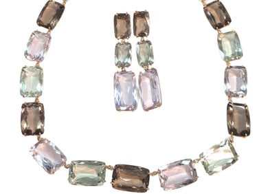 233ctw+ Prasiolite Rose de France Amethyst Smoky Aqua Aura Quartz 18k Gold Diamond Retro Deco