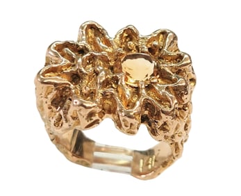 Heavy 14k Gold GIA Citrine Brutalist Midcentury Freeform Mens Ring 18.5 grams