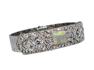 Modernist Arts & Crafts Maker Hans Partl Diamond Platinum 18k White Gold Opal Bracelet