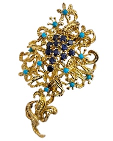 18k Gold Mid Century Tiffany Co Turquoise Sapphire Dress Clip Brooch or Fur Clip