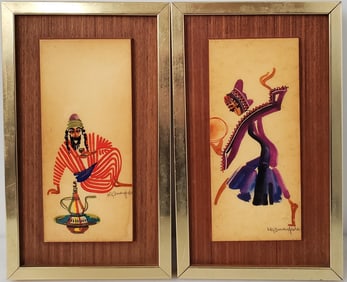 Pola Weizman Signed Hand Painted Panel Plaque Pair Israel Types Jewish
