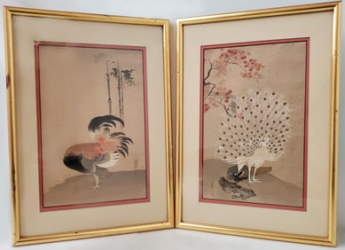 Two Japanese Woodblock Prints Okyo Maruyama Peacock After Kano Naonobu Rooster Cock