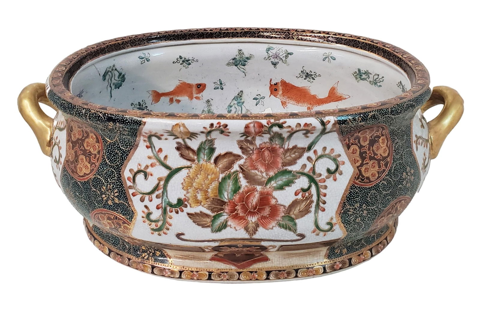 Chinese Blue Mark Signed Japanese Satsuma Koi Fish Turin Handled Server Basin Aquarium Porcelain (1 of 10)