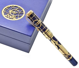 Very Rare 2002 Euro Montegrappa 18K Gold Factory Diamond Blue Enamel Roller Ball Pen W/ Box Papers