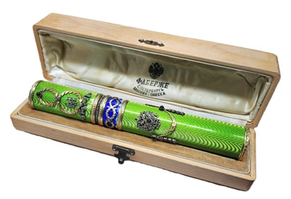 After Faberge Diamond Green Blue Guilloche Enamel Heavy 14k Gold Cigar Tube w Box