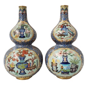 Chinese Cloisonne Double Gourd Pictorial 10.5 inch Vase Pair Gilt Enamel Vintage Antique