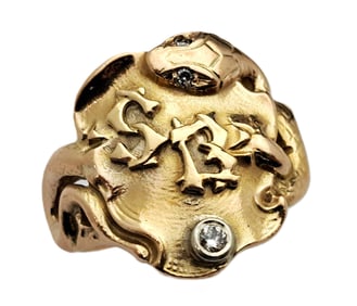 Vintage Fine Diamond Eye Snake SB Initials Mens Solid Gold Signet Ring