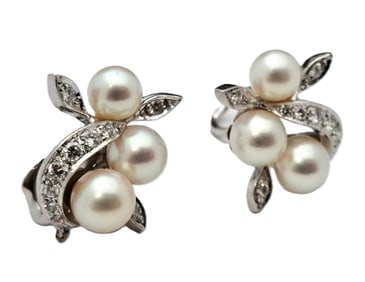 Kurt Wayne Fine Diamond Pearl 14k White Gold Ladies Cluster Clip Earrings