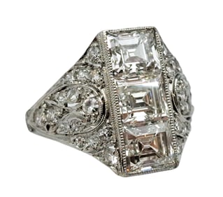 GIA Tiffany Co Platinum Three Asscher Diamond 3.2ctw Filigree Antique Art Deco Ring