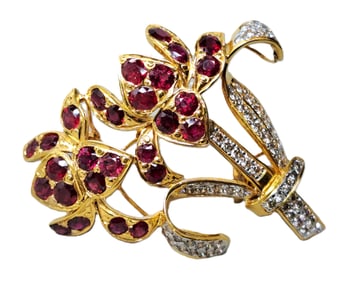 Pigeons Blood Natural Ruby Diamond Mid Century Vintage Flower 18k Gold Large Brooch Pin