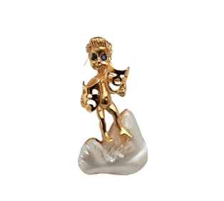 14k Yellow Gold Baroque Pearl Sapphire Eyed Happy Sad Face Mask Childs Pin