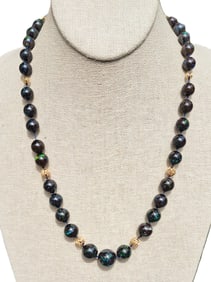 GIA Unique Boulder Opal In Matrix Beaded 14K Gold Necklace w/ Fine Diamond Tourmaline Clasp